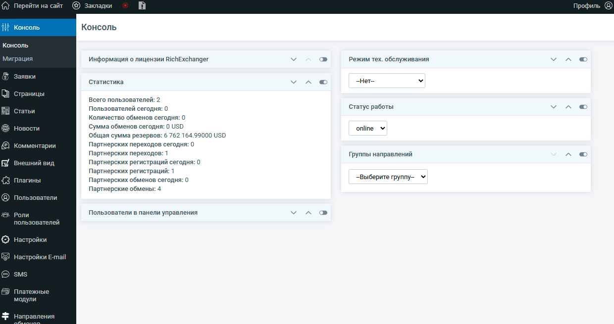 Admin panel view